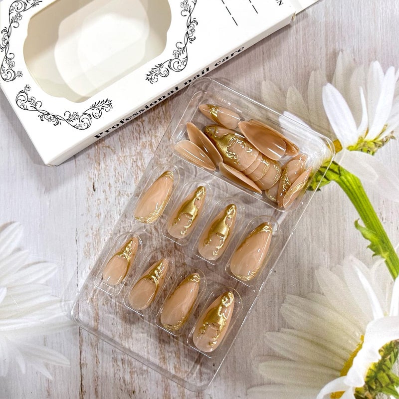 CJDLTS 24Pcs Gold French Tip Press on Nails Medium Length Almond False Nails Golden 3D Lines Design Stick on Nails Artificial Acrylic Nails Full Cover Coffin Nails Reusable Glue on Nails for Women - Image 3